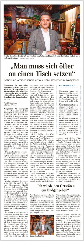 Sebastian Greiber im Kandidatenportrait in der Saarbrücker Zeitung - Saarlouis 30.10.2013