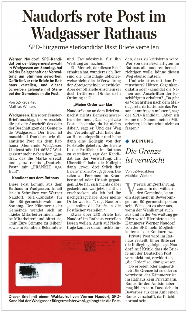 Saarbrücker Zeitung: Naudorfs rote Post im Wadgasser Rathaus