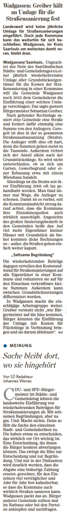 SZ: Wadgassen: Greiber hält an Umlage für die Straßensanierung fest