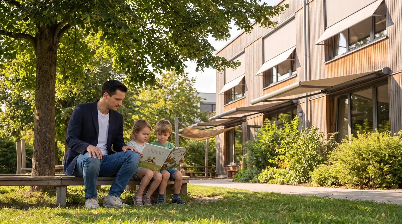 KI-generierte Symbolszene: Sebastian Greiber sitzt mit zwei Kindern und einem Buch unter einem schattenspendenden Baum vor einem begrünten Schulgebäude.