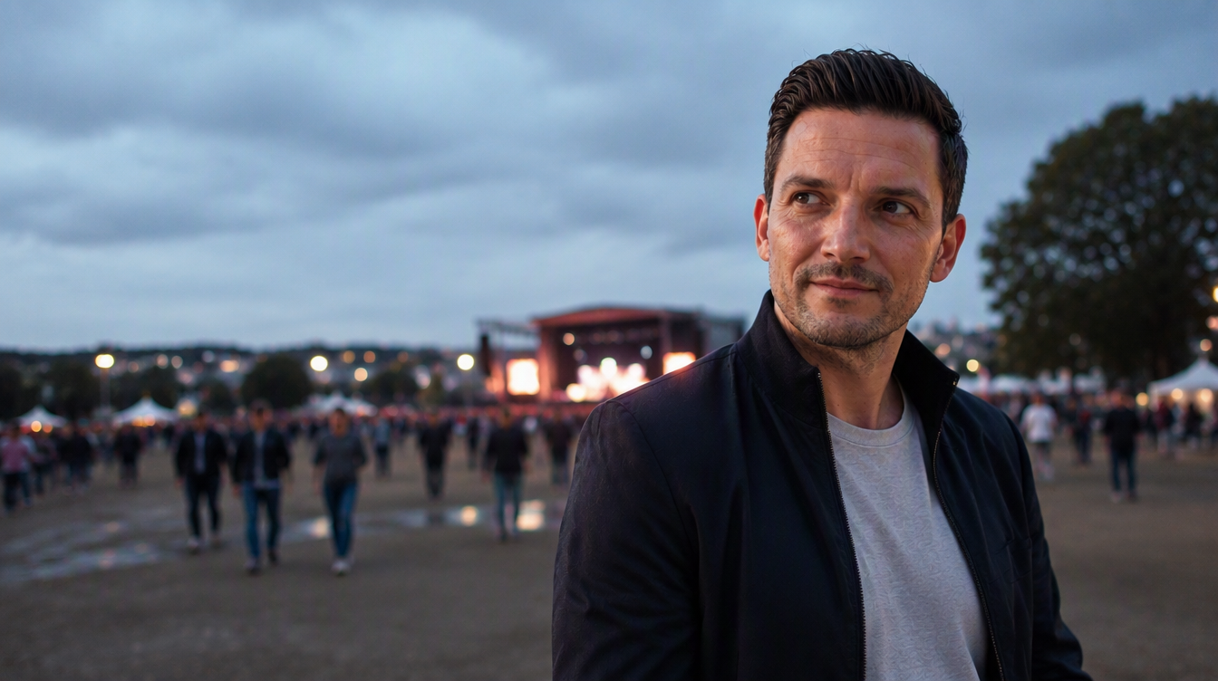 Sebastian Greiber auf dem Weg zu einem Open-Air-Konzert am frühen Abend unter einem bewölkten Himmel