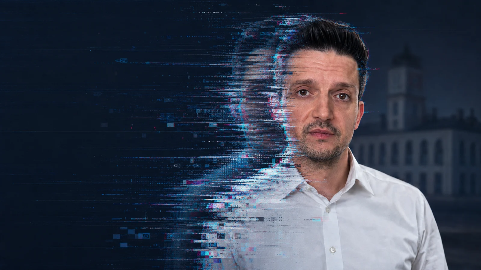 Porträt von Sebastian Greiber, dessen linke Bildhälfte sich als Symbol für einen Video-Deepfake in digitale Fragmente auflöst