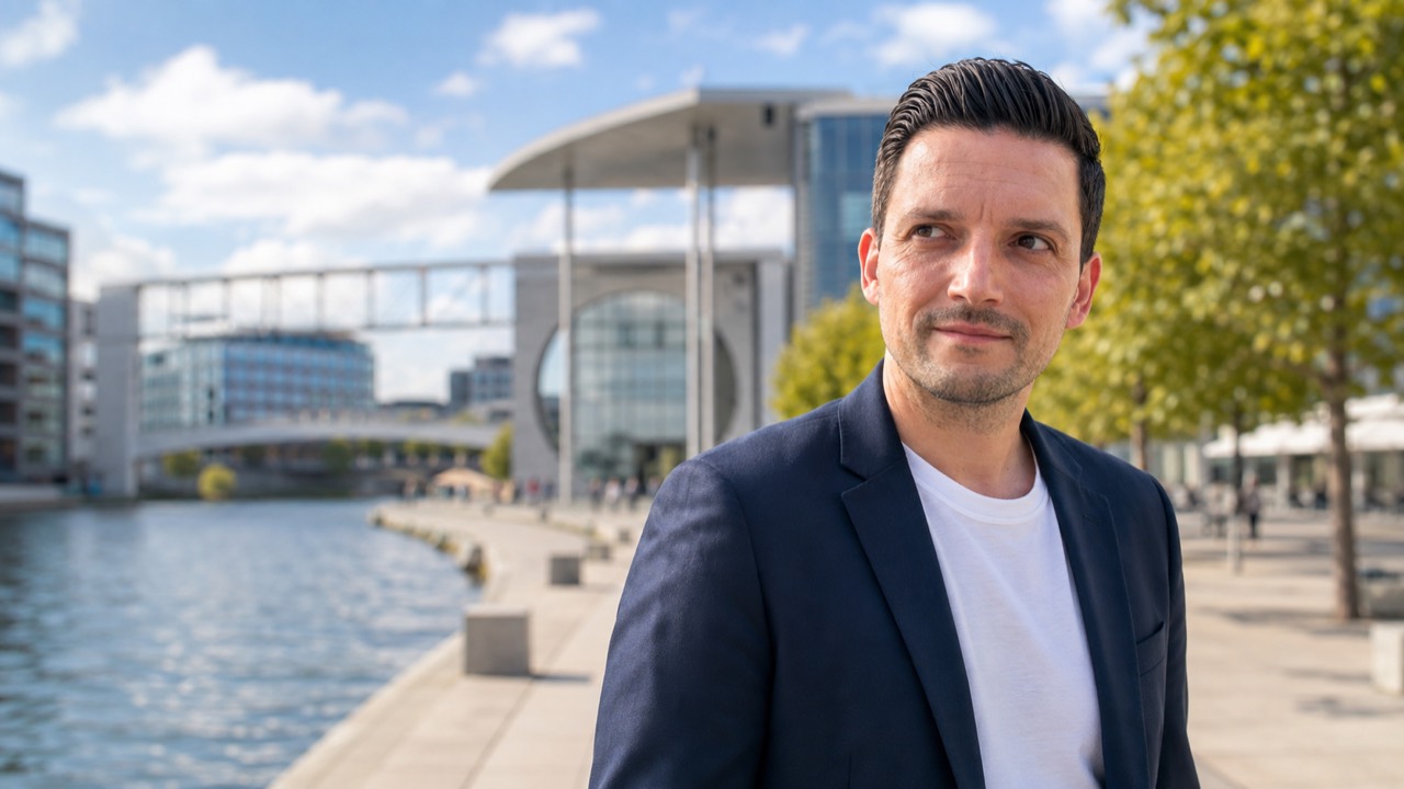Sebastian Greiber an einem modernen Flussufer