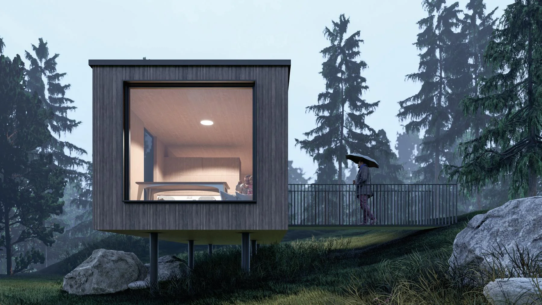 Visualisierung eines aufgeständerten Baumhauses mit Flachdach und Steg im Wald