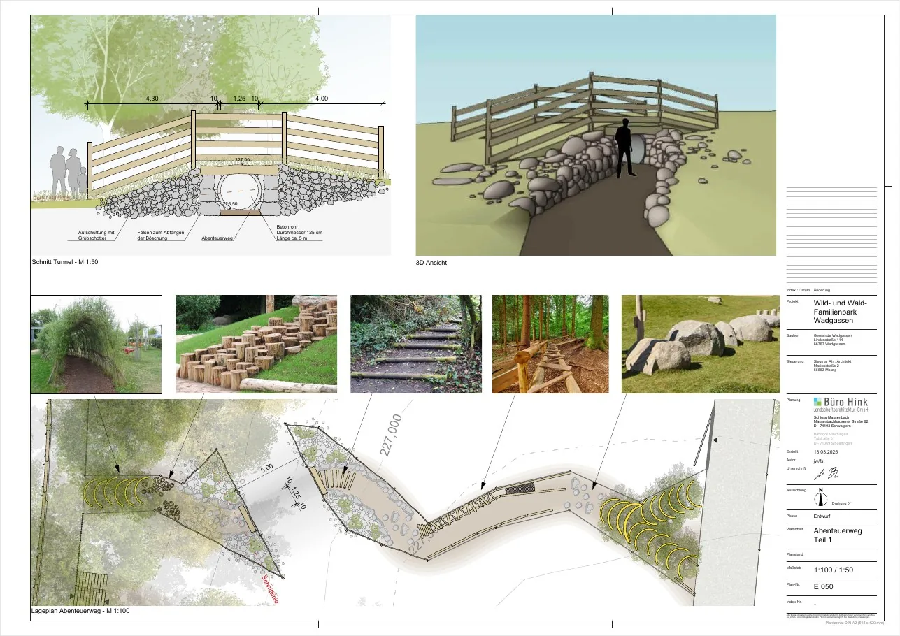 Entwurfsplan für einen Abenteuerweg mit Tunnel, Naturmaterialien und Balancierangeboten