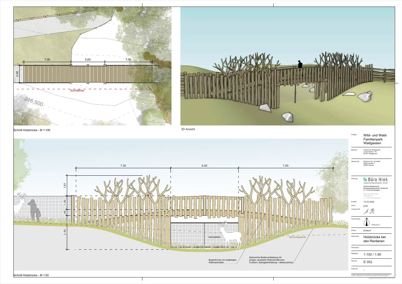 Entwurfsplan für eine Holzbrücke am Rentiergehege