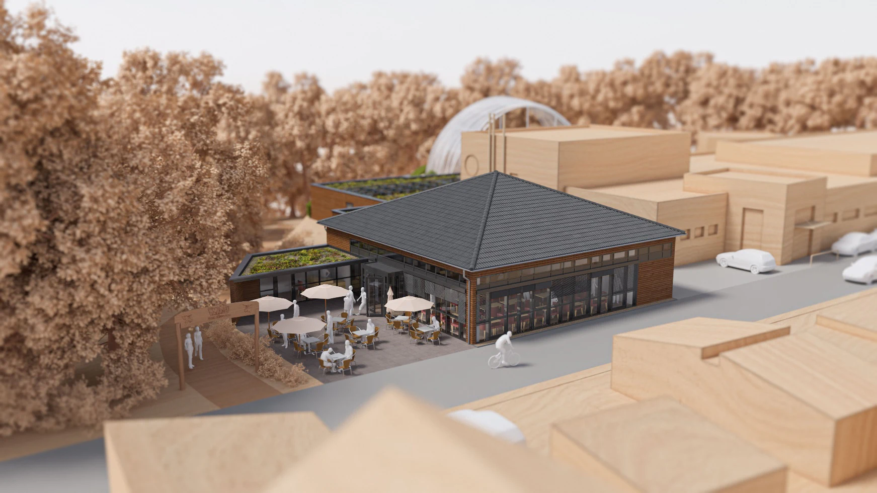 Architekturvisualisierung der erweiterten Gastronomie am Hallenbad Differten mit Außenterrasse und Wald-SPA im Hintergrund