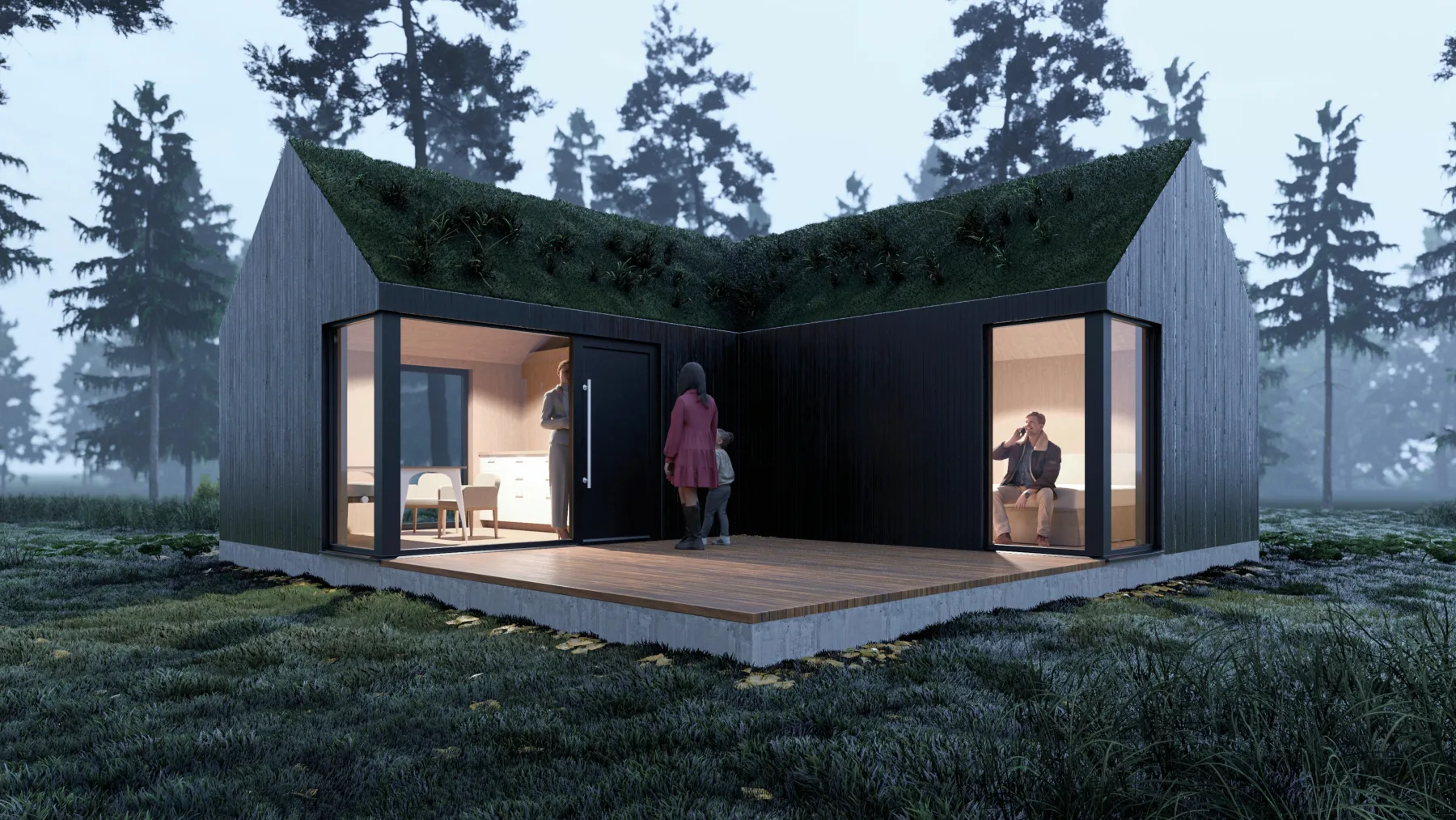 Winkelförmige dunkle Wald-Lodge mit geschützter Terrasse und begrünten Dachflächen