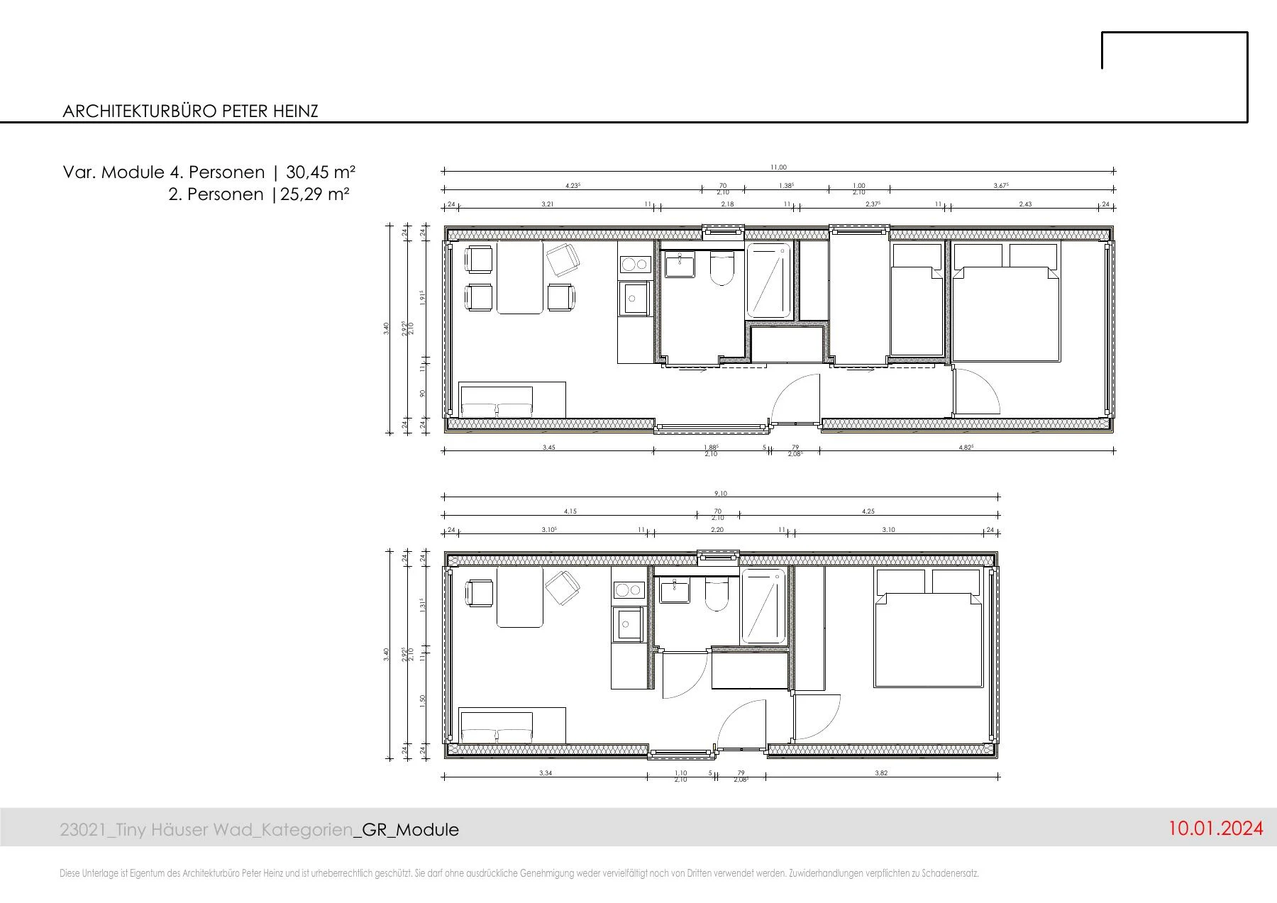 Grundrisse der modularen Wald-Lodges für zwei und vier Personen
