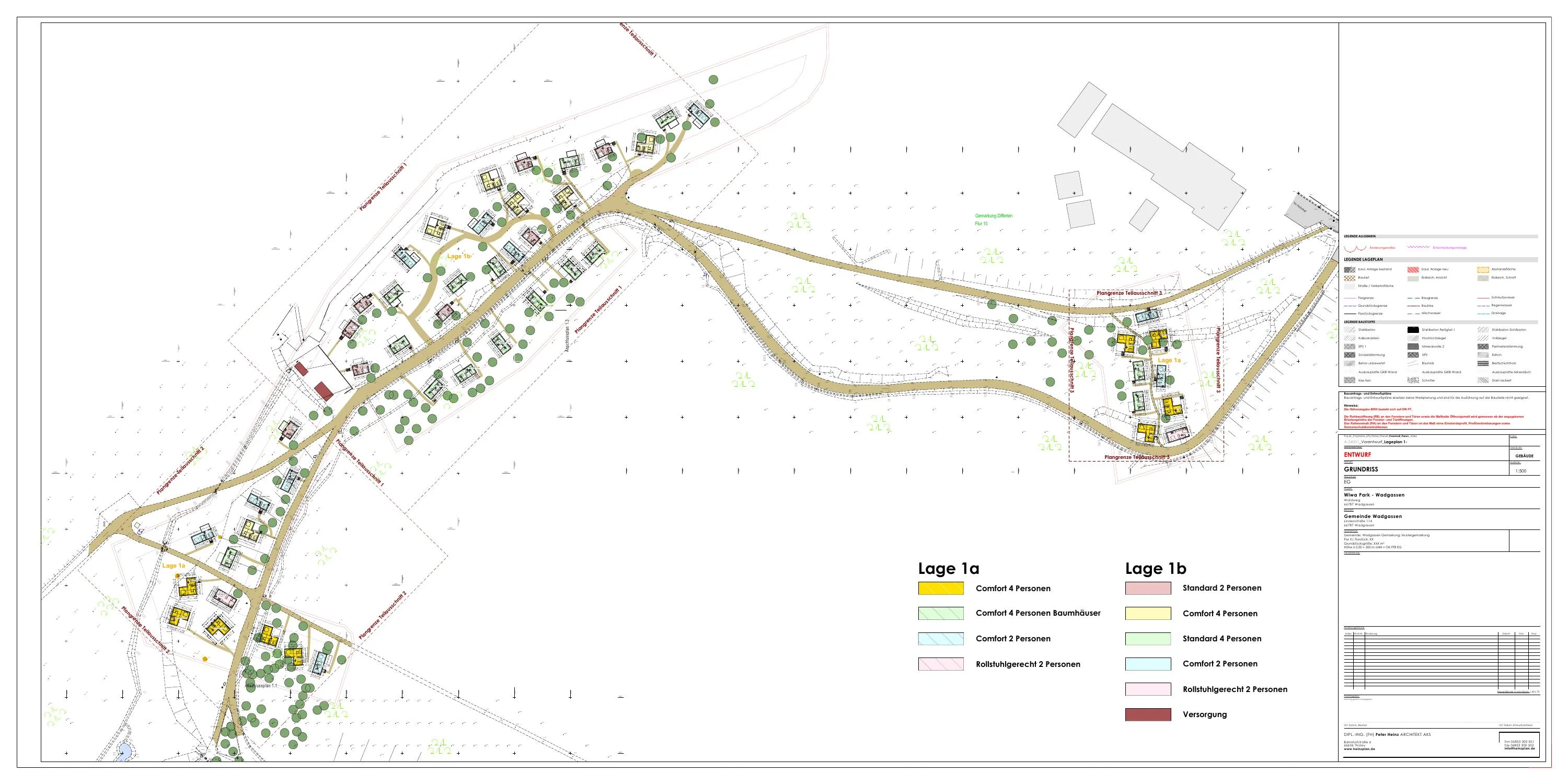 Vorentwurfs-Lageplan der Wald-Lodges mit drei Teilbereichen und unterschiedlichen Haustypen