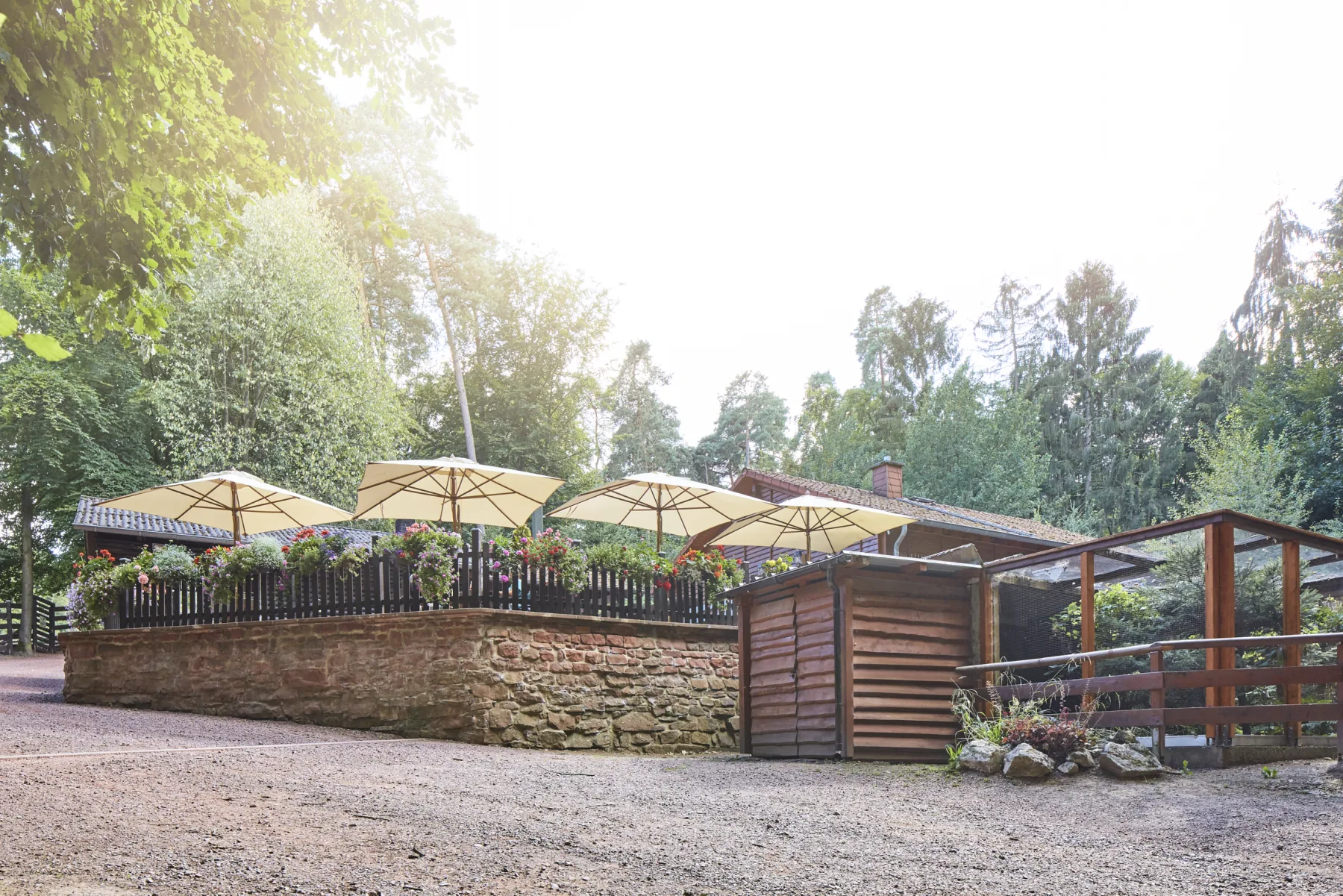 Die bestehende Wildpark-Hütte mit Außenterrasse