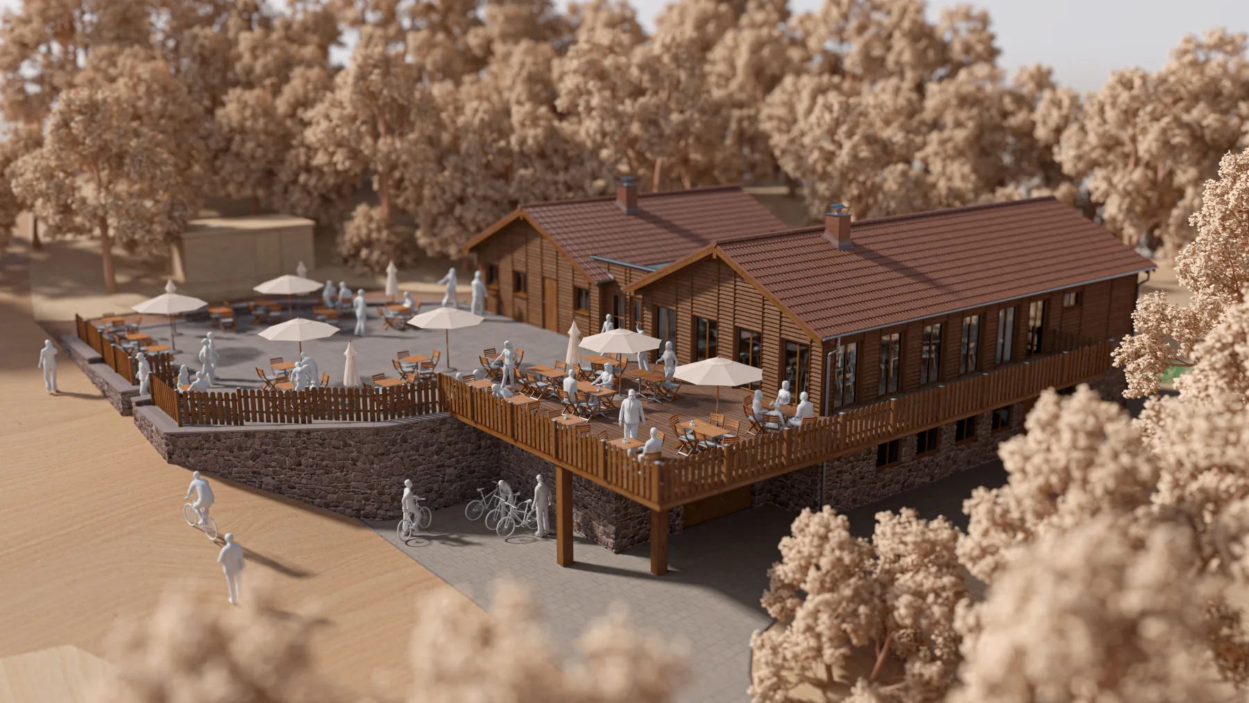 Visualisierung der erweiterten Wildpark-Hütte mit Terrasse und barrierearmem Zugang