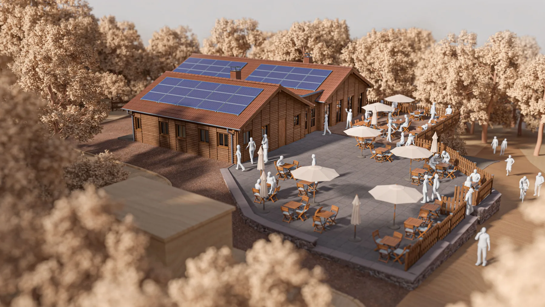 Visualisierung der Wildpark-Hütte mit Photovoltaikflächen auf dem Dach