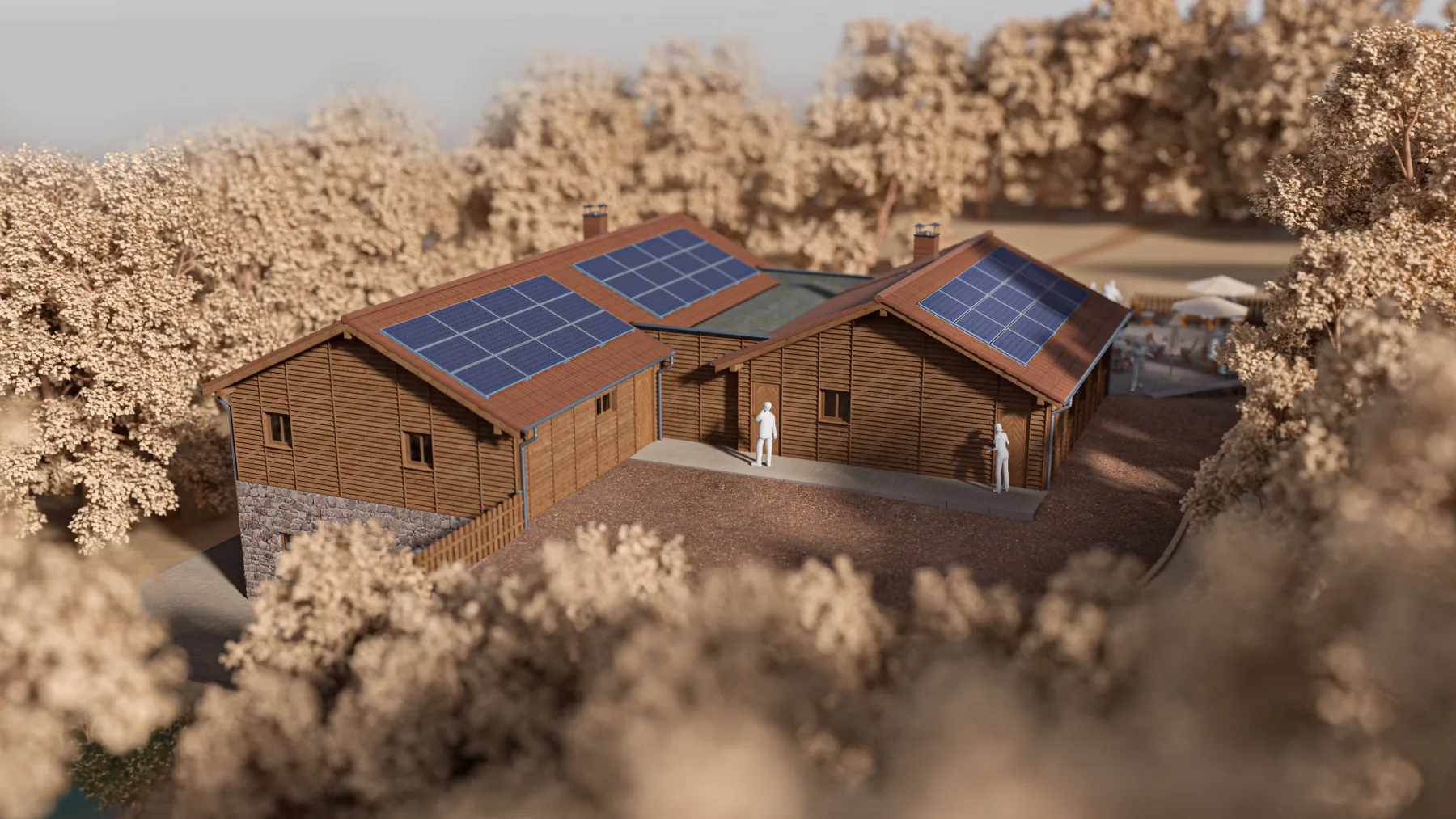 Visualisierung der rückwärtigen Seite der Wildpark-Hütte mit Photovoltaik