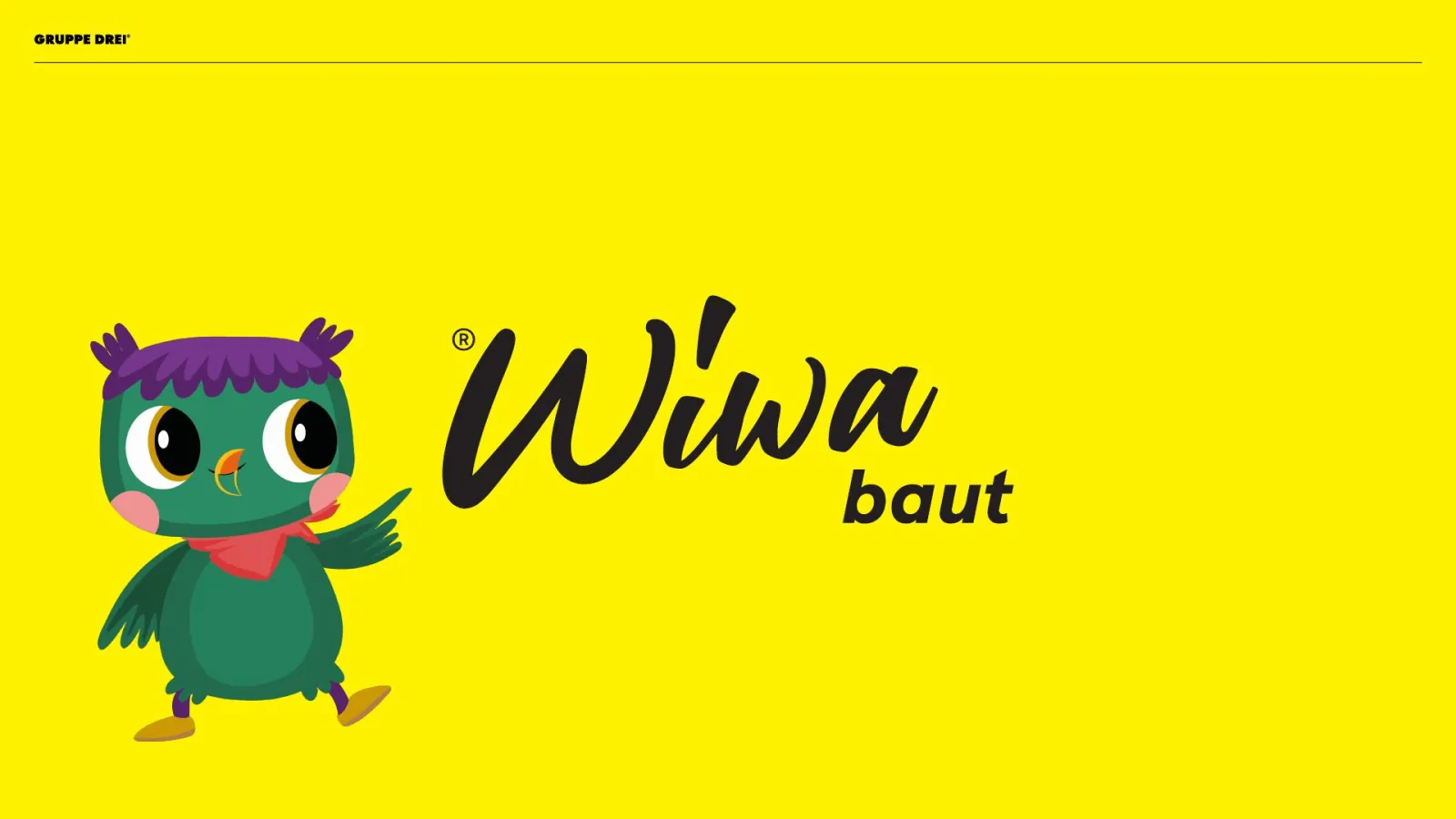 Waleri, die grüne Eule, neben dem Schriftzug WIWA baut