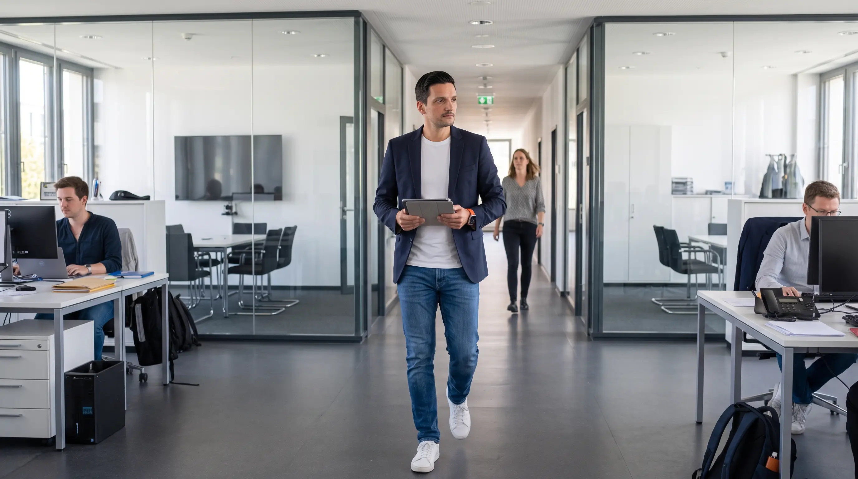 Sebastian Greiber mit Tablet in einem modernen Verwaltungsumfeld