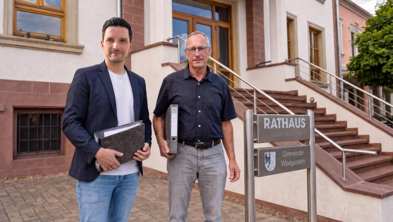Sebastian Greiber und ein Mitarbeiter der Gemeinde Wadgassen mit Aktenordnern vor dem Rathaus.