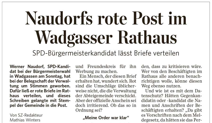 Saarbrücker Zeitung: Naudorfs rote Post im Wadgasser Rathaus