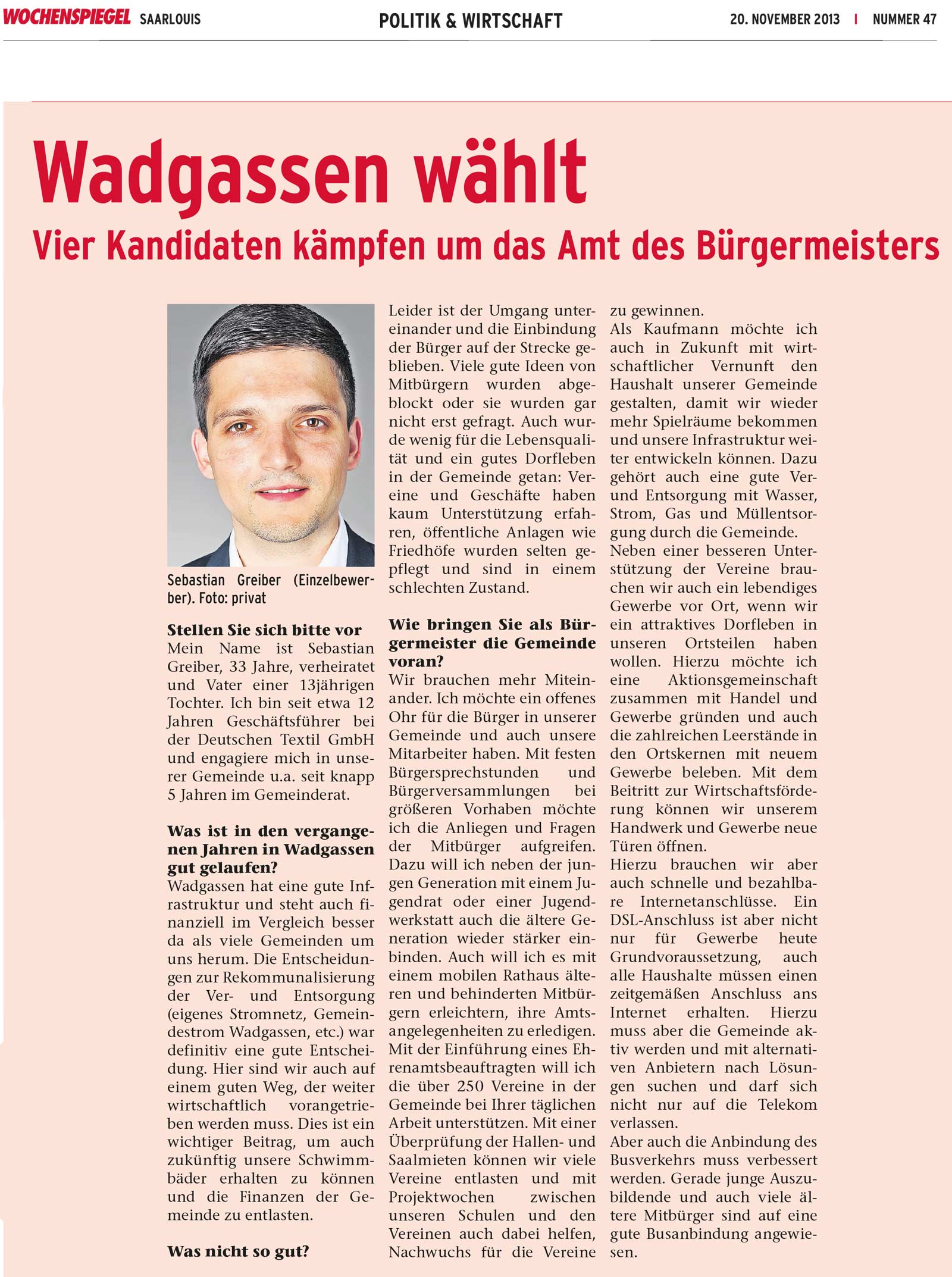 Sebastian Greiber im Interview im Wochenspiegel
